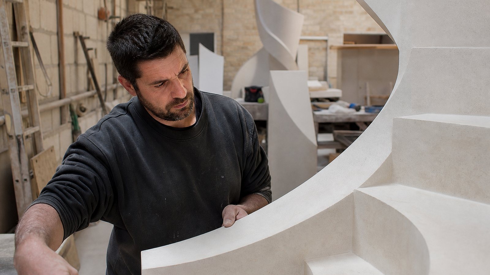 Artisan poseur ajustant les marches d'un escalier design sur mesure lors de l'installation a domicile