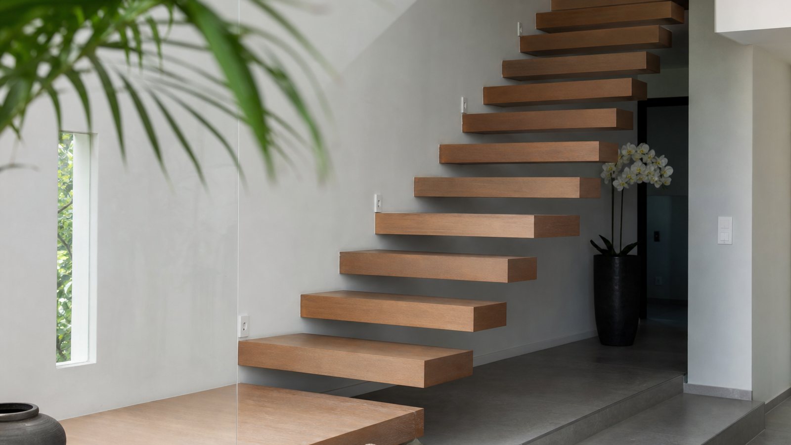 Escalier suspendu aux marches de bois en porte-a-faux le long d'un mur clair
