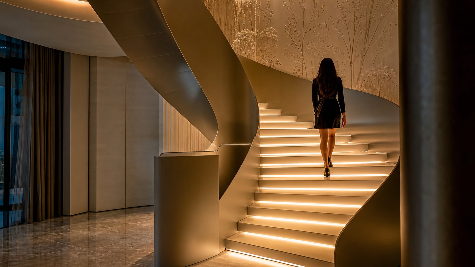 Ruban lumineux dissimulé sous les nez de marche d'un escalier design en bois et acier