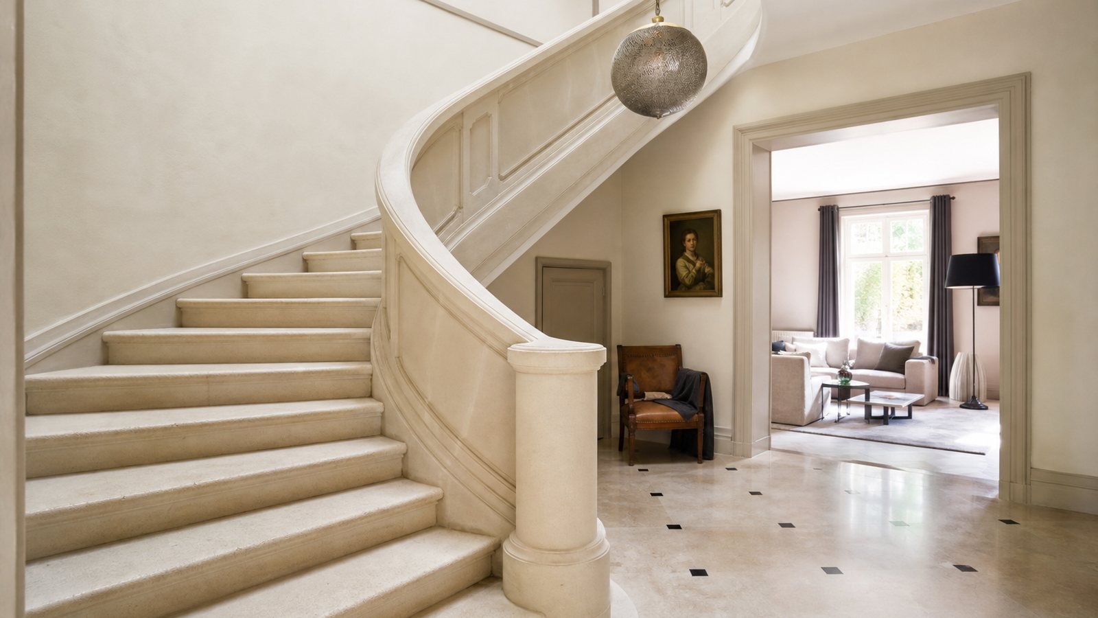Escalier design sculptural en acier et bois mettant en valeur l'entree lumineuse d'une maison
