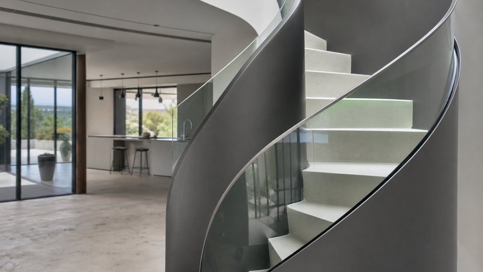 Garde-corps de verre feuillete securisant un escalier design aux marches de bois regulieres