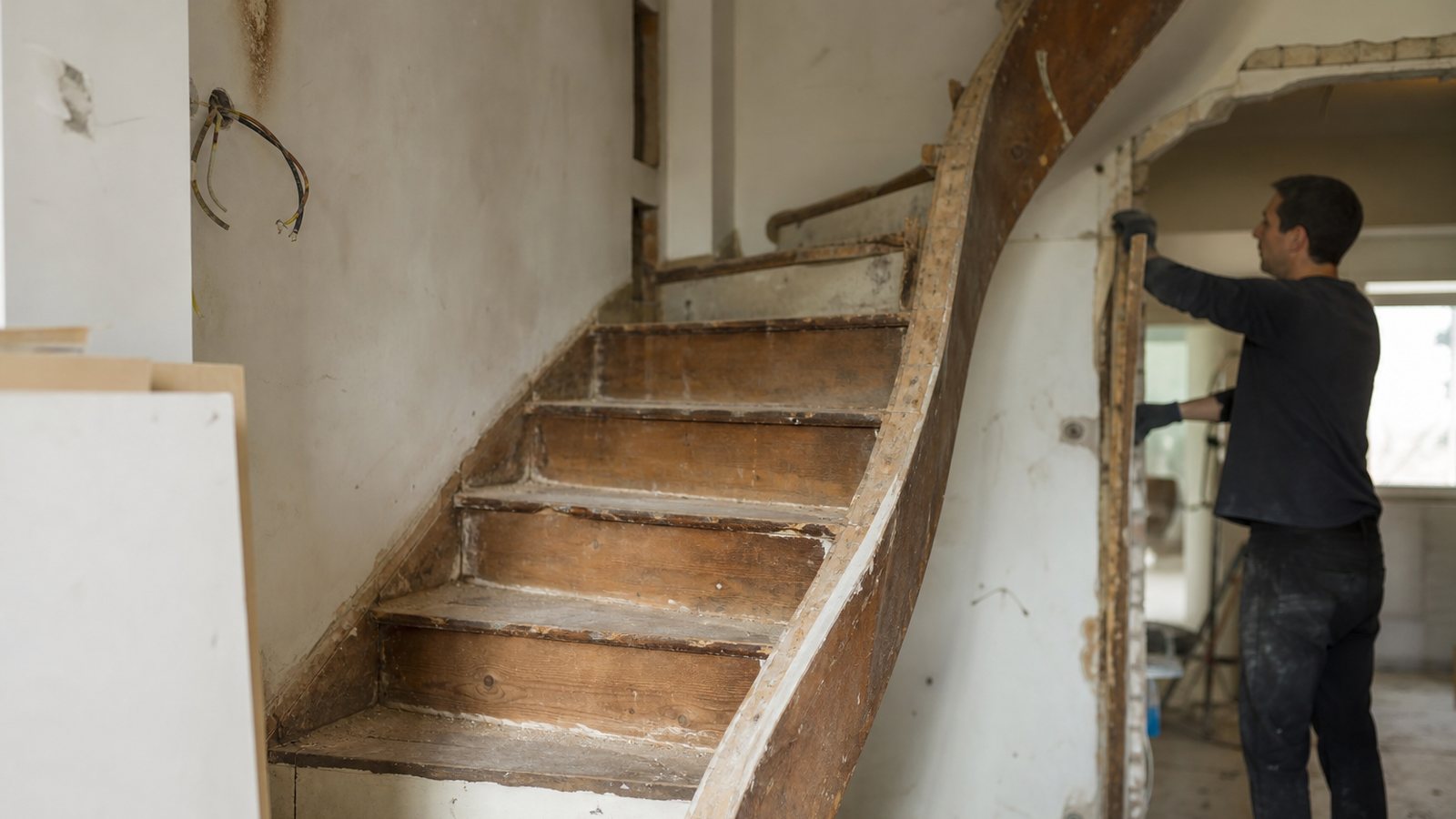 Escalier design sur mesure en acier et bois posé à la place d'un ancien escalier lors d'une rénovation