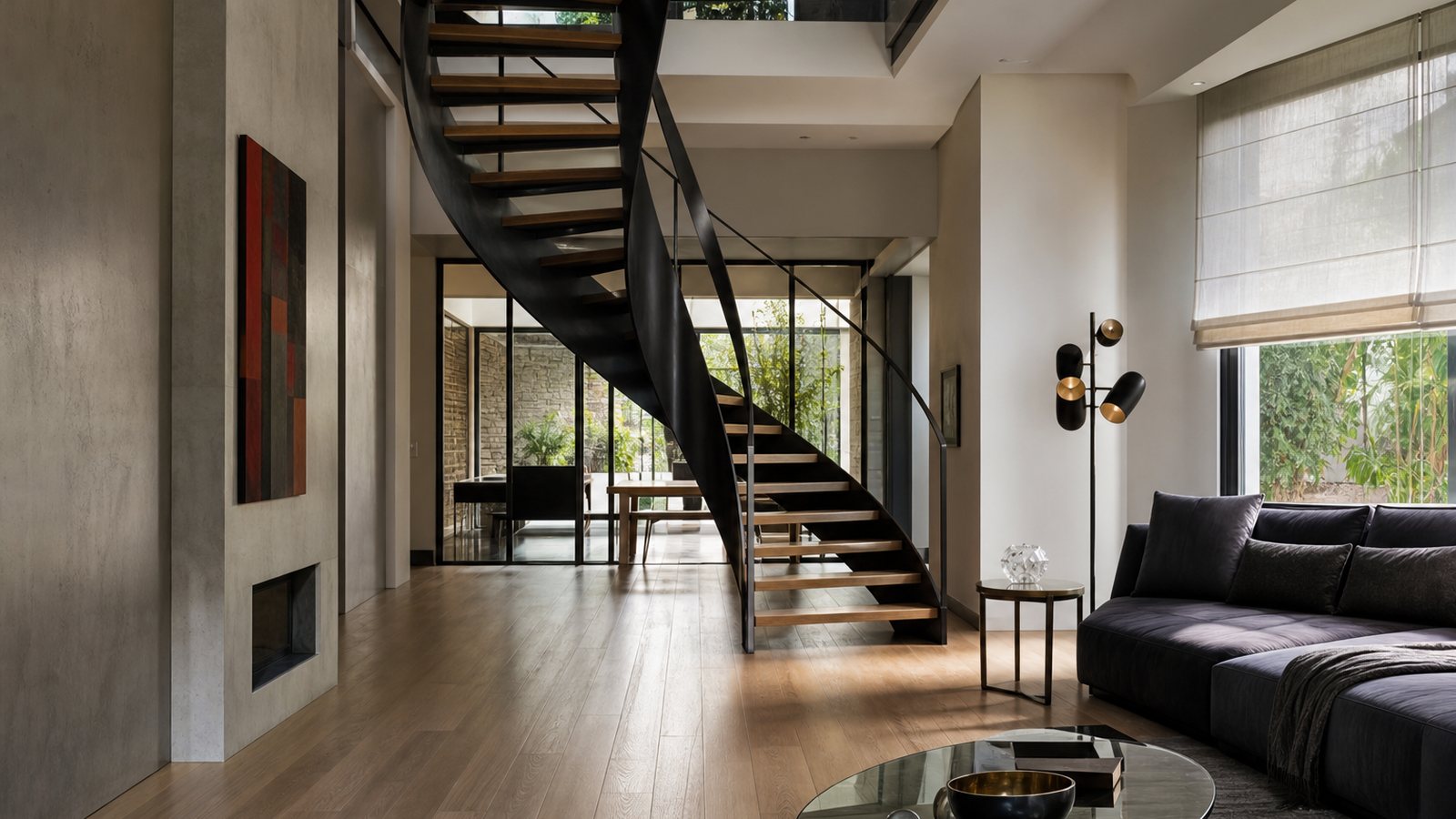 Escalier design sur mesure en acier et bois dans une maison contemporaine